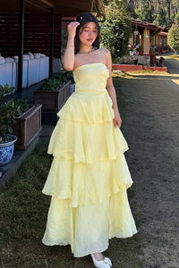 Yellow Strapless Empire Tiered A-Line Modest Party Prom Dress