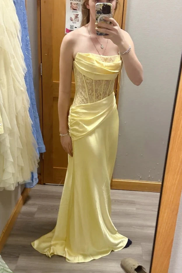 Yellow Strapless Lace Top Mermaid Party Prom Dress With Leg Slit 