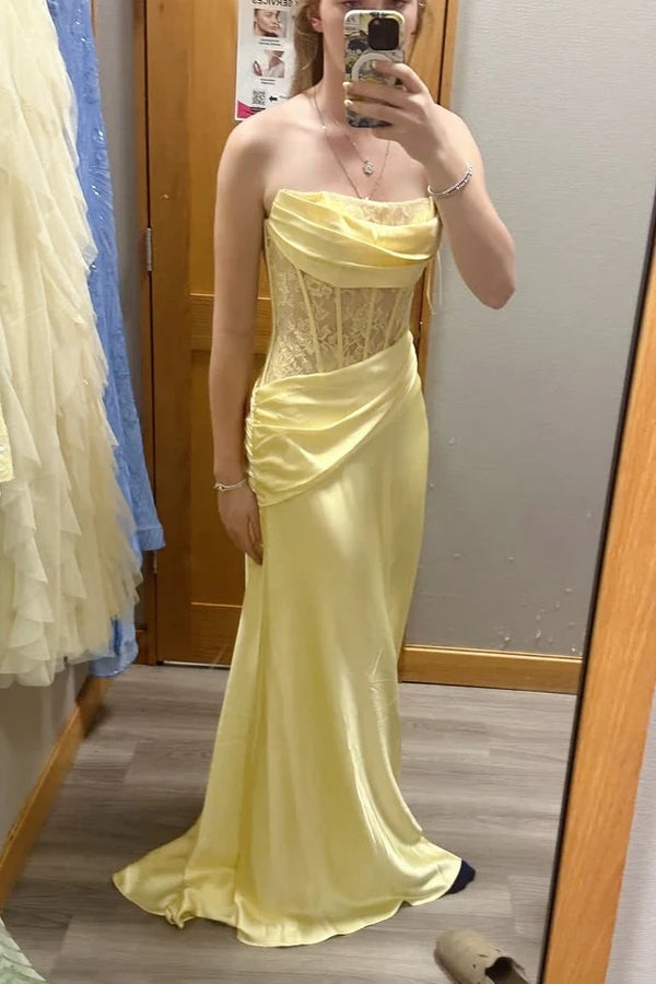 Yellow Strapless Lace Top Mermaid Party Prom Dress With Leg Slit 