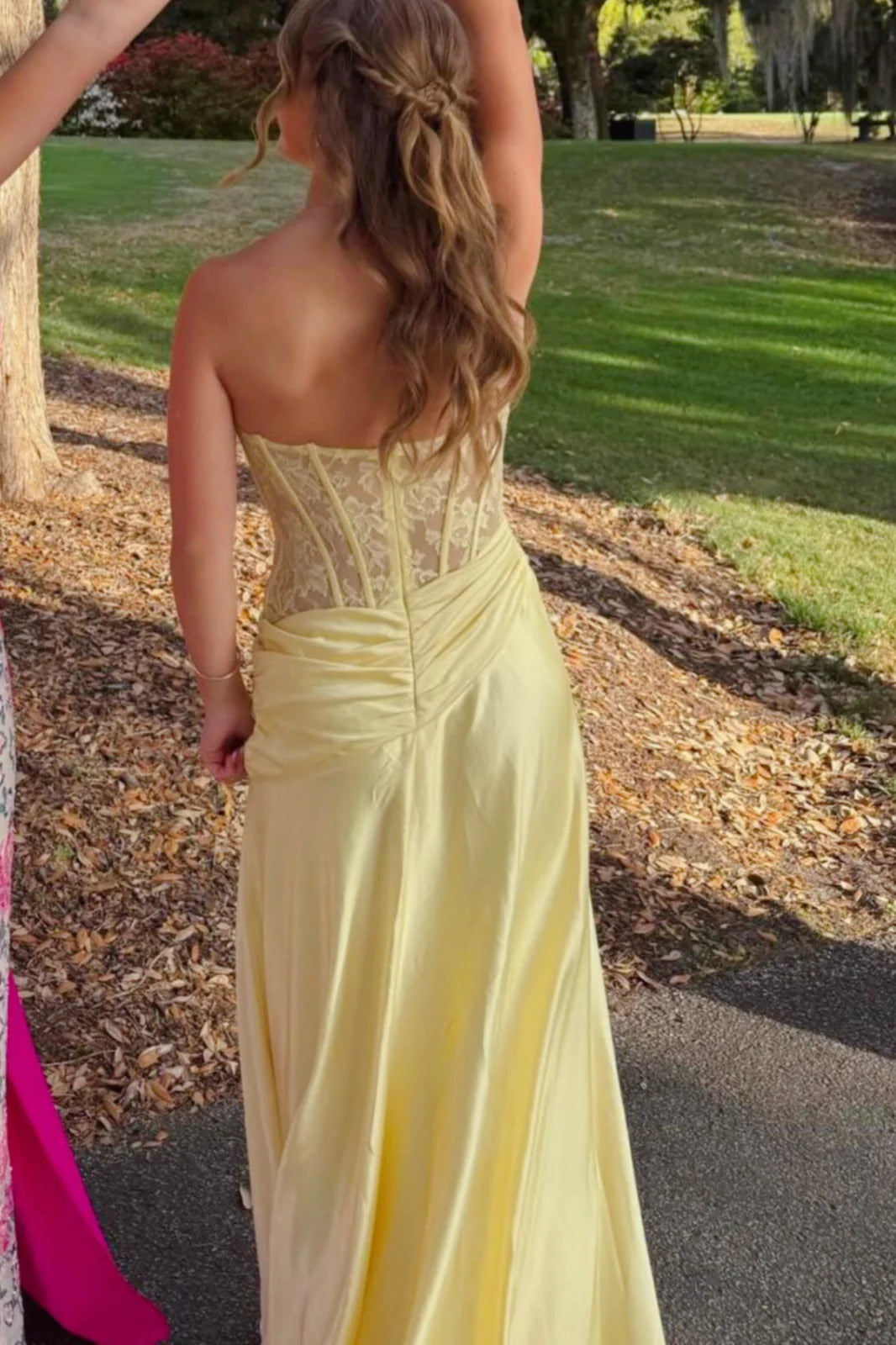 Yellow Strapless Lace Top Mermaid Party Prom Dress With Leg Slit 