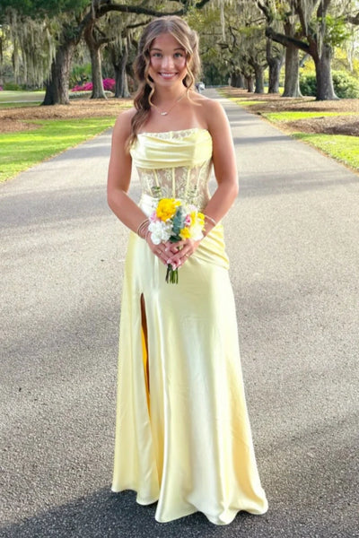 Yellow Strapless Lace Top Mermaid Party Prom Dress With Leg Slit 