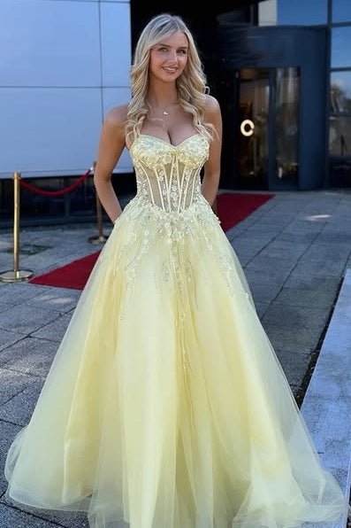Yellow Tulle A-Line Empire Sweetheart Floral Lace Appliques Party Prom Dress