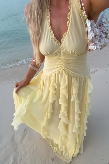 Yellow V-Neck Halter Ruffle Empire Chiffon Party Holiday Dress