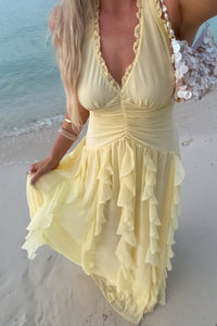 Yellow V-Neck Halter Ruffle Empire Chiffon Party Holiday Dress