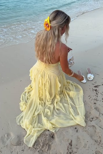Yellow V-Neck Halter Ruffle Empire Chiffon Party Holiday Dress