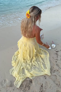 Yellow V-Neck Halter Ruffle Empire Chiffon Party Holiday Dress