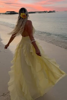 Yellow V-Neck Halter Ruffle Empire Chiffon Party Holiday Dress
