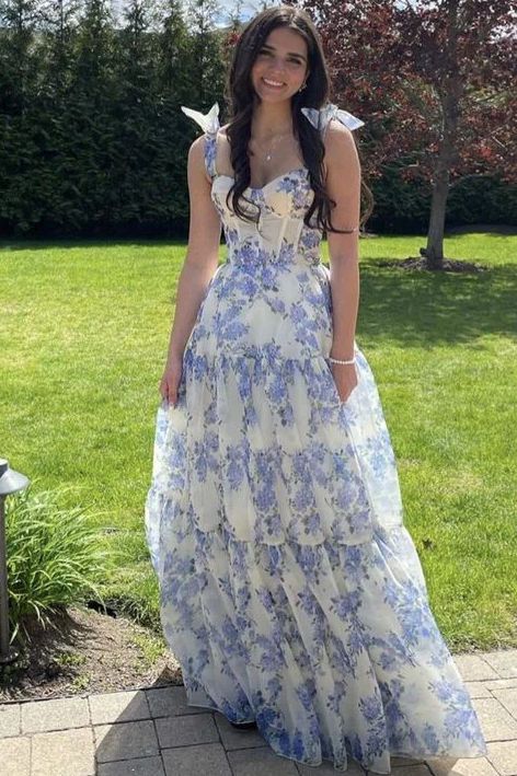 Off the Shoulder Empire-Waist Floral Print Layered Prom Dress