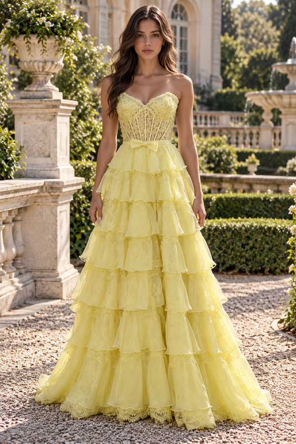 Princess Sweetheart Lace Applique Ruffle Prom Dress with Slit