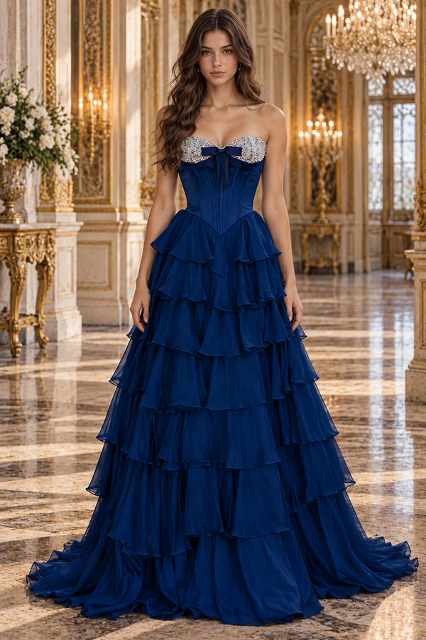 Strapless Sequin Beaded Boned Ruffle A-Line Chiffon Prom Dress
