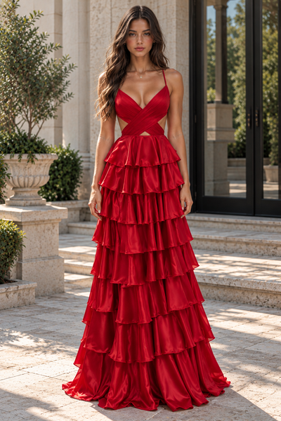 Straps V-Neck Red A-Line Ruffle Layered Prom Dress