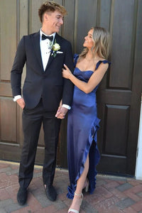 Navy Blue Sweetheart Straps Empire Fitted Ruffle Party Prom Dress