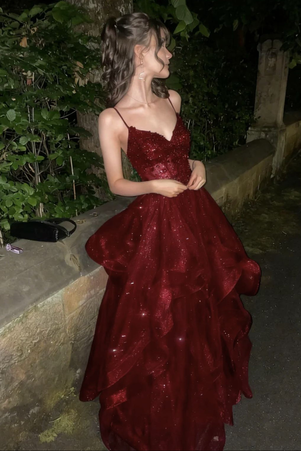 Spaghetti Straps Emerald Corset Tiered Ruffle Tulle Prom Gown