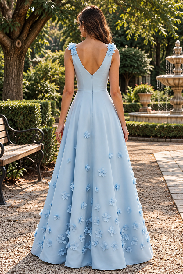 Blue Satin A-Line V-Neck Straps Empire Floral Party Prom Dress