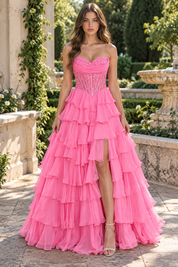 Sweetheart Applique Boned Ruffle Chiffon Long Prom Dress