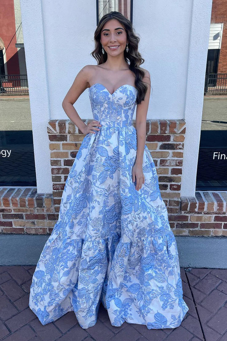 Elegant Sweetheart Blue Jacquard Satin A-Line Prom Dress FancyVestido Elegant Sweetheart Blue Jacquard Satin A-Line Prom Dress FancyVestido