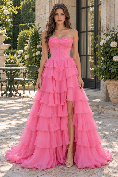 Bateau Strapless Two Tone A-Line Tiered Party Prom Dress