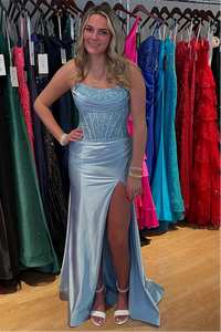 A-Line Strapless Light Blue Satin Long Prom Dress with Bow
