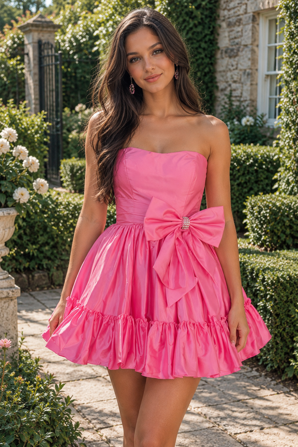 Strapless Pink Taffeta A-line Short Party Dress with Bow