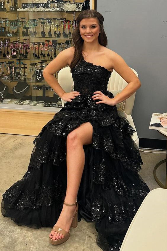 Lavender One Shoulder A-Line Layered Long Prom Dress with Sequin FancyVestido Lavender One Shoulder A-Line Layered Long Prom Dress with Sequin FancyVestido