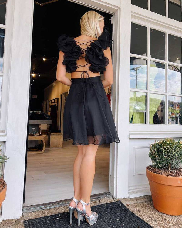 black v-neck pleated short homecoming dress full back shot 