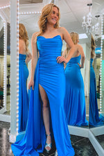 Fichsia Cowl Neck Mermaid Satin Pleated Slit Long Prom Dress
