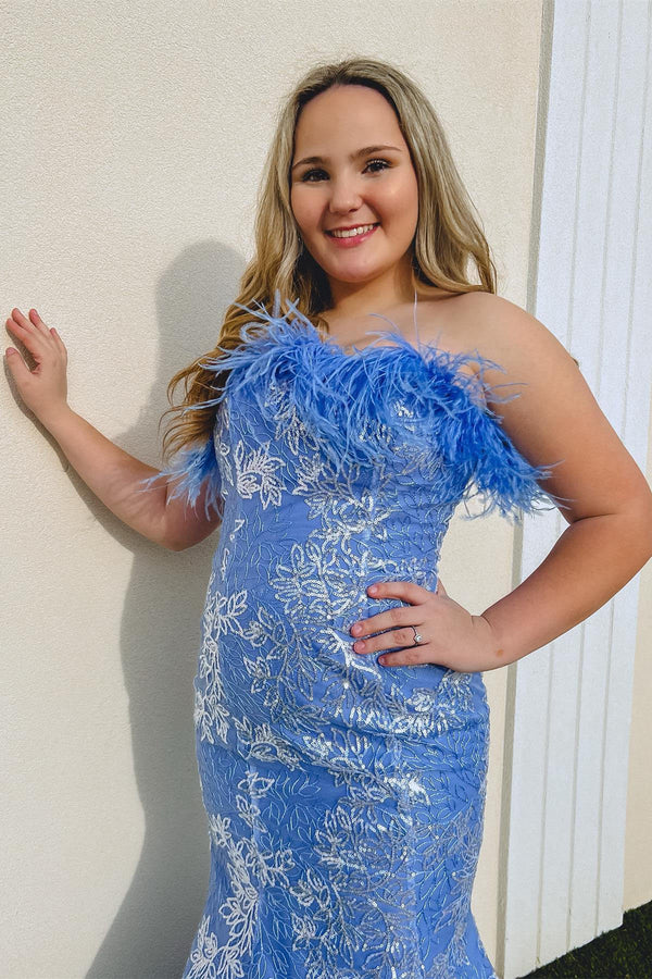 Strapless Sequins-Embroidered Mermaid Prom Dress with Feathers