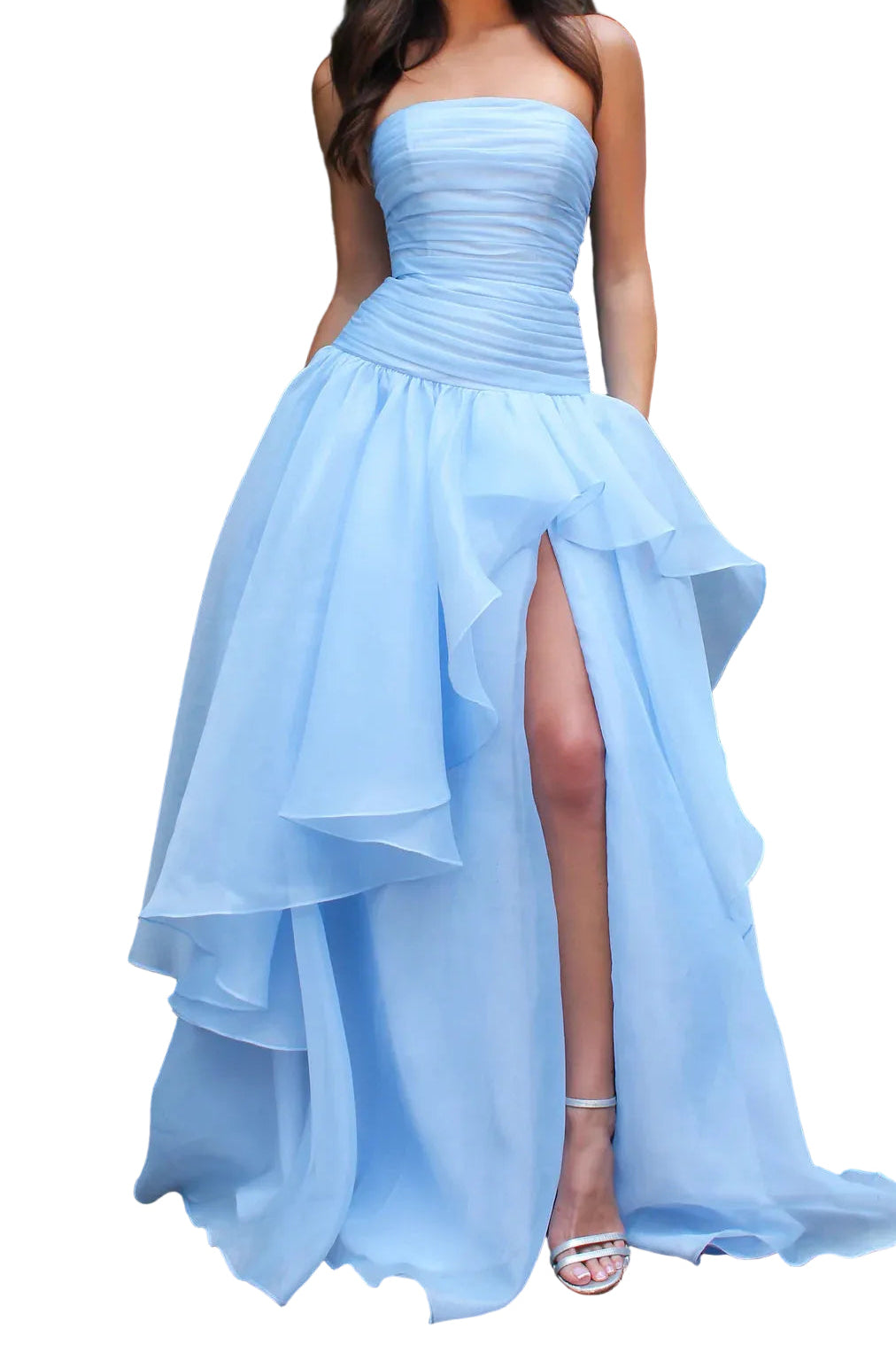 Yellow Strapless Pleated Layered Lace-up Prom Dress with Slit