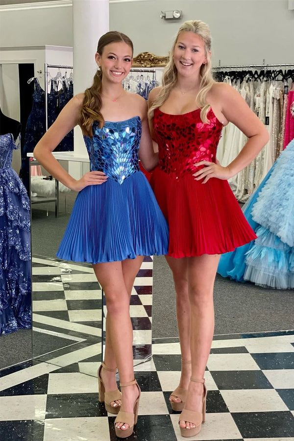 Strapless A-Line Red Cut Mirror Sequins Short Homecoming Dress