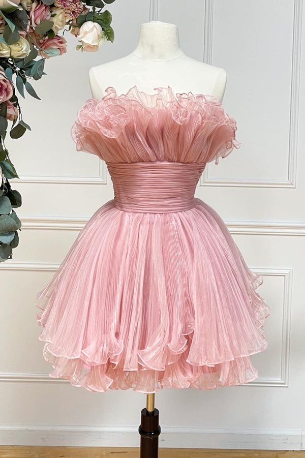 Strapless Ruffled Sky Blue Tulle Short Party Dress