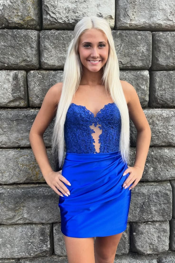 Blue Sweetheart Lace Corset Ruched Short Dress