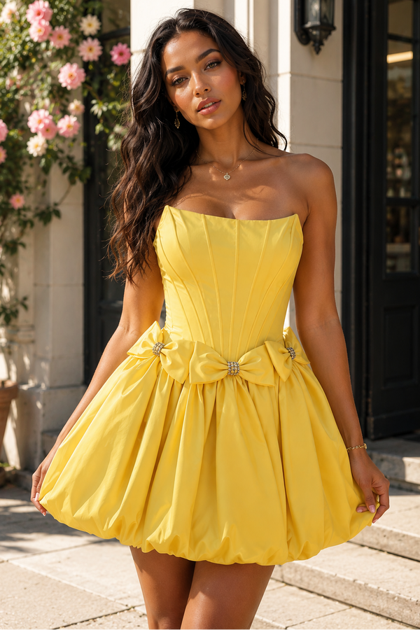 Strapless Sleeveless A-Line Homecoming Dress with Bow