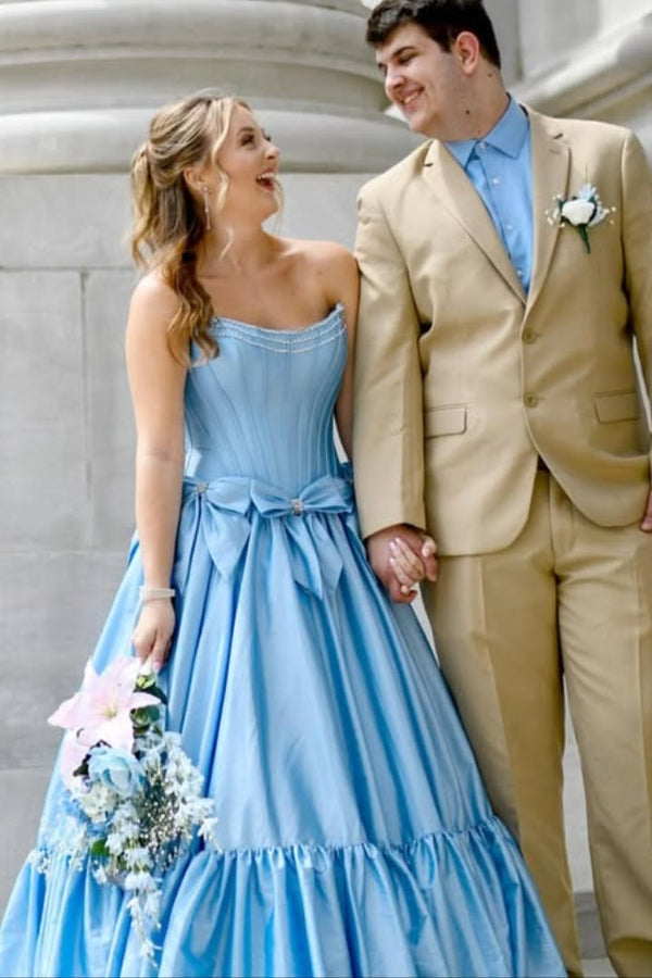 Black Strapless Beaded Ruffle Prom Dress with Bow