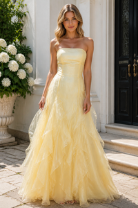 Elegant Yellow Strapless Layderd A-Line Prom Dress