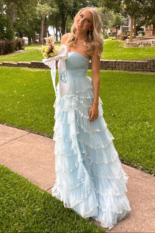 Light Blue Strapless Layered Tulle Prom Dress with Sequins
