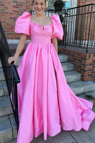 Square Neck Fuchsia Puff Sleeves A-Line Prom Dress