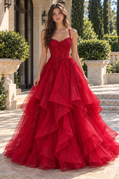 Spaghetti Straps Burgundy Applique Ruffle Tulle Prom Dress