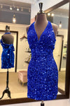 Halter Light Blue Sequin Bodycon Homecoming Dress