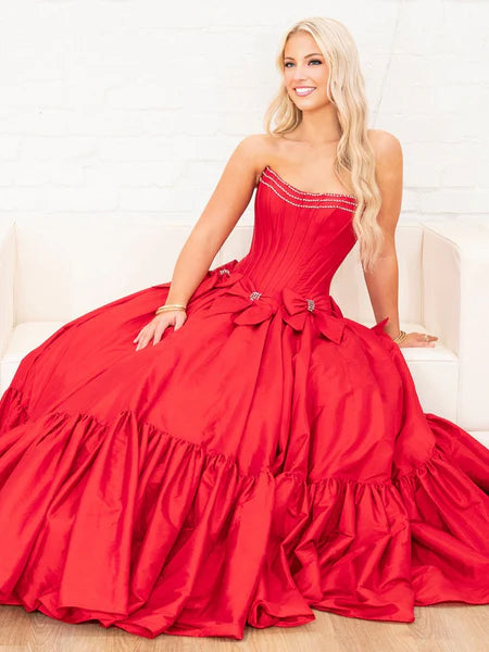 Black Strapless Beaded Ruffle Prom Dress with Bow