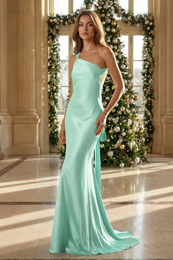 One Shoulder Satin Sheath Maxi Prom Dress with Open Back