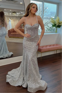 Straps Blue Sweetheart Sequin Beaded Mermaid Prom Dress