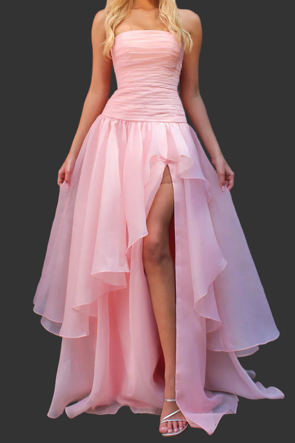 Yellow Strapless Pleated Layered Lace-up Prom Dress with Slit – FancyVestido Yellow Strapless Pleated Layered Lace-up Prom Dress with Slit – FancyVestido