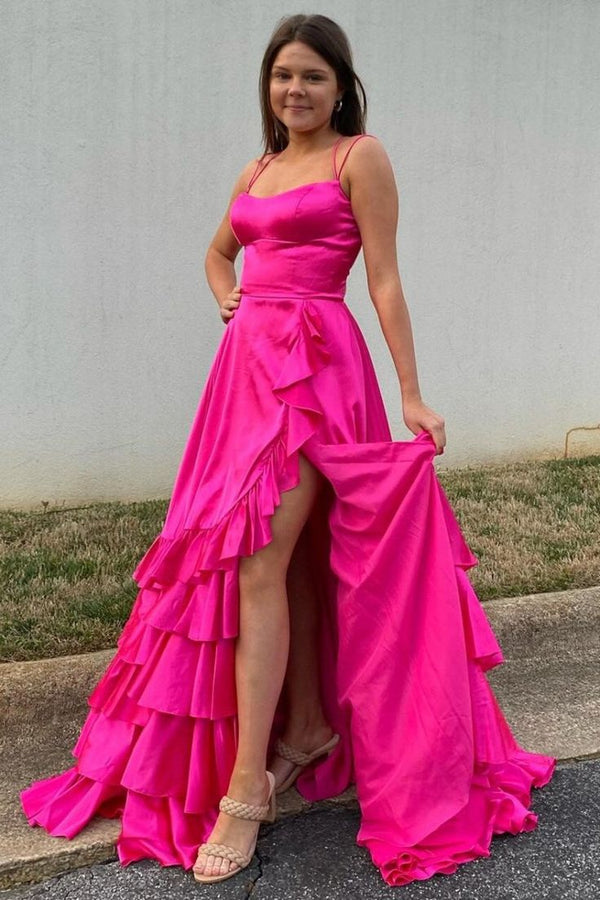 Crew Neck Ruffle Slit Mermaid Prom Dress with Lace-Up