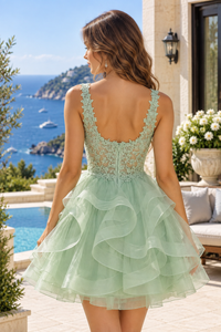 V-Neck Straps Empire Zipped Lace And Tiered Tulle Homecoming Dress