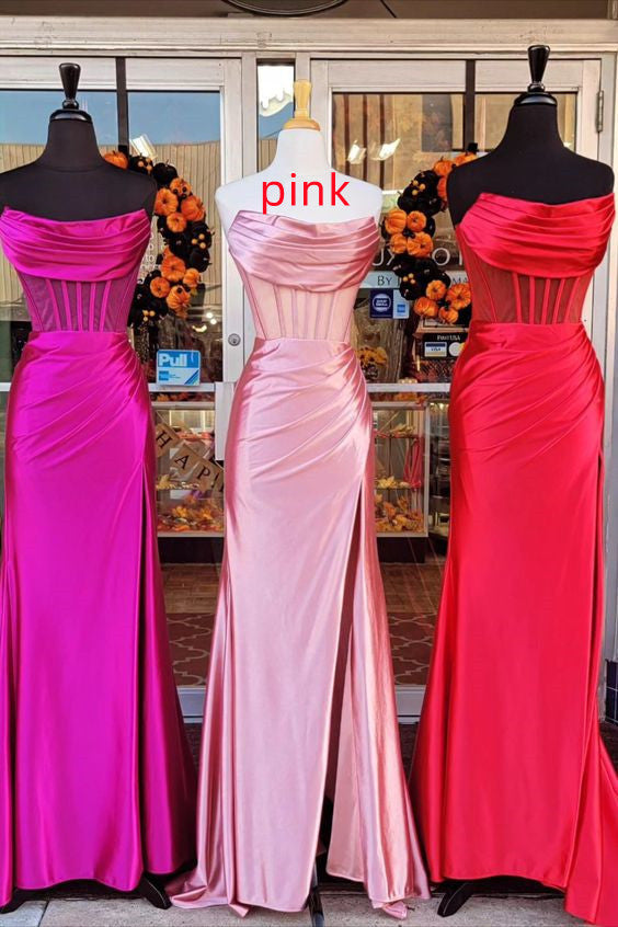 Strapless Pleated Boning Sheer Long Prom Dress with Slit