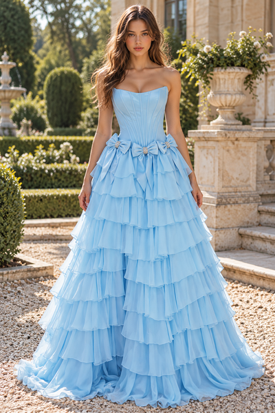 Strapless Ruffle A-Line Slit Prom Dress with 3D Bow