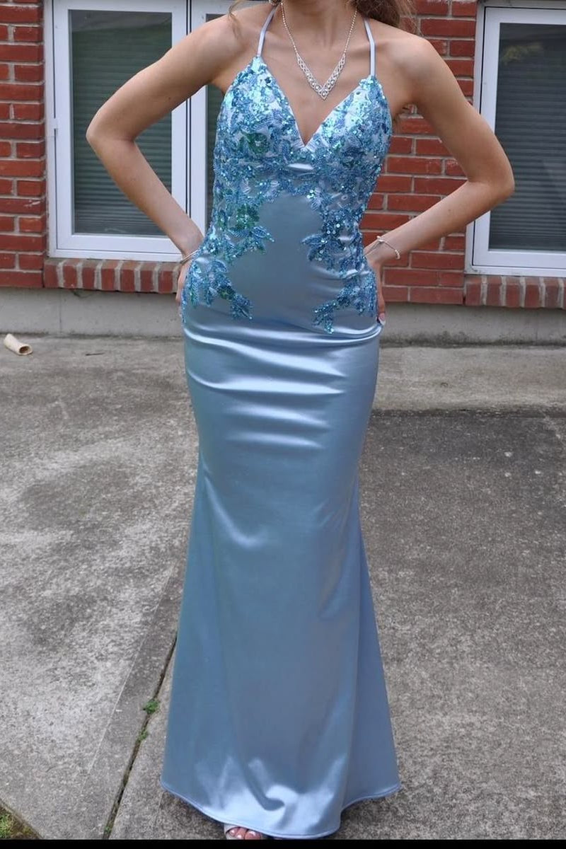 Pink Applique Satin Mermaid Prom Dress with Spaghetti Straps