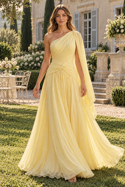 One Shoulder Long Sleeves A-Line Chiffon Ruched Empire Party Prom Dress