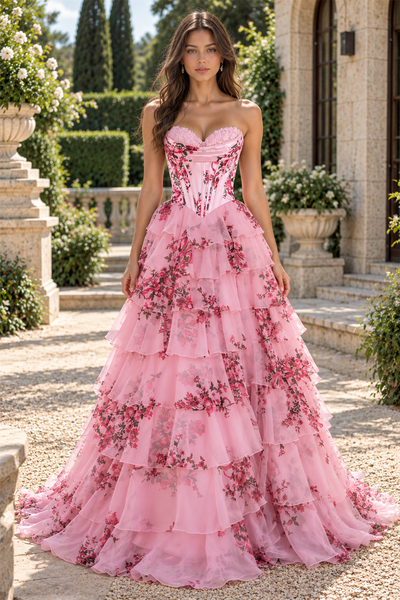 Sweetheart A-Line Chiffon Floral Print Ruffle Prom Dress with Slit