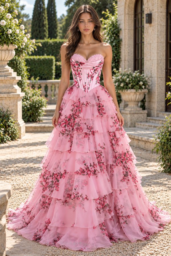 Sweetheart A-Line Chiffon Floral Print Ruffle Prom Dress with Slit